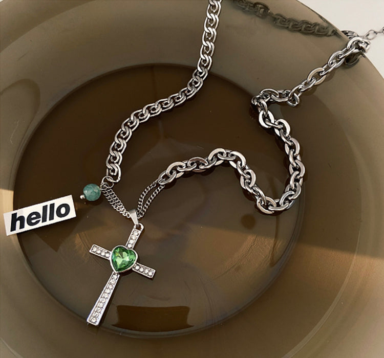 MONCROIX HEART - Green Heart Cross Necklace