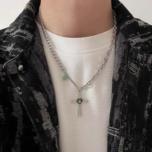 MONCROIX HEART - Green Heart Cross Necklace