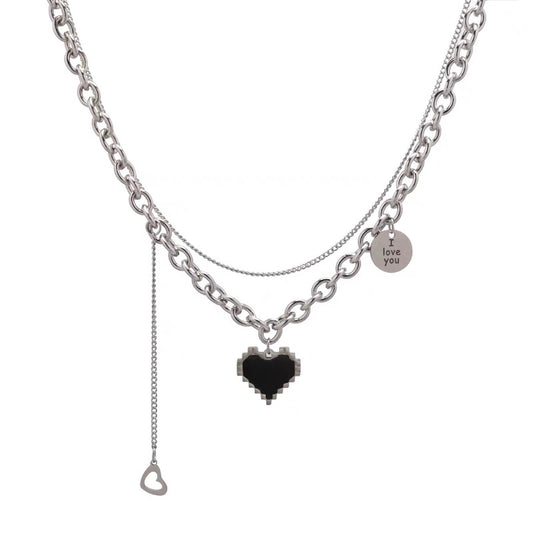 Superimposition Black Mosaic Heart Necklace