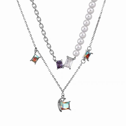 NIGHT RUNNING PRETTY GIRL - Color Diamond Pearl Double Necklace