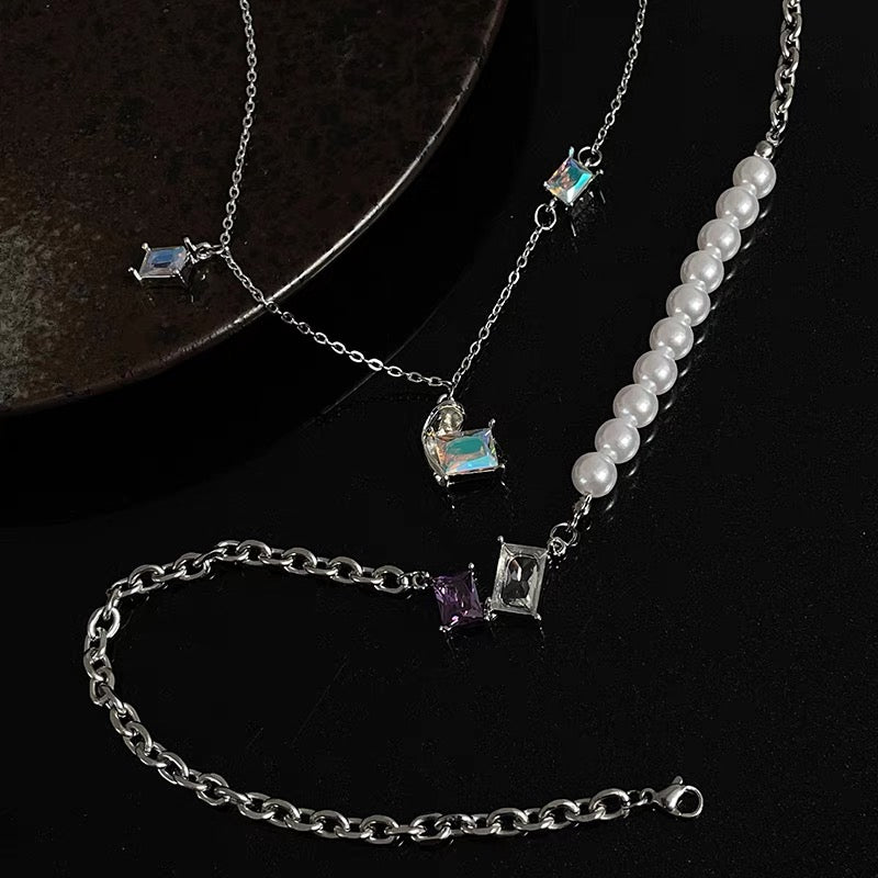 NIGHT RUNNING PRETTY GIRL - Color Diamond Pearl Double Necklace