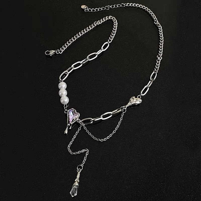 LIQUID AURORA - Heart Splicing Pearl Tassel Necklace