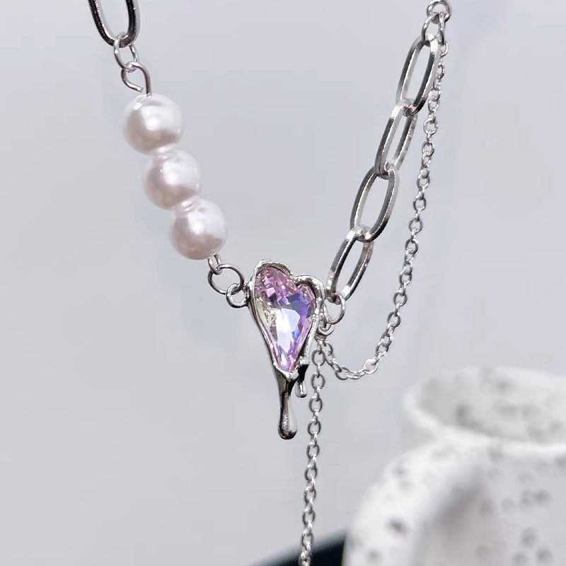 LIQUID AURORA - Heart Splicing Pearl Tassel Necklace