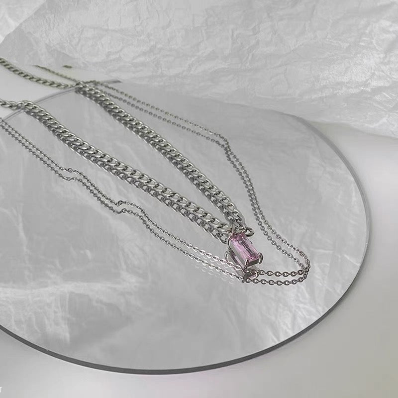 LOVE SCRIPT - Pink Square Double Layer Necklace