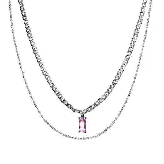 LOVE SCRIPT - Pink Square Double Layer Necklace